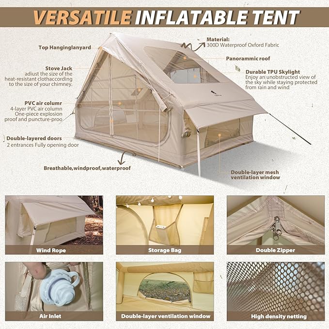 GEERTOP Inflatable Tent for Camping, Large Instant Blow Up Waterproof Glamping Tent House with Stove Jack for Family 4 Person Adult