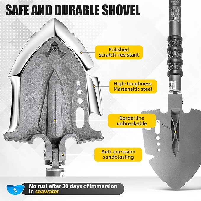 Zune Lotoo Survival Shovel Multitool with Axe, 29 in 1 Unbreakable Tactical Shovel Martensitic Steel kit, Compact Camping Shovel Folding Adjustable 7 Angles for Outdoors Gear Military Tool Gifts