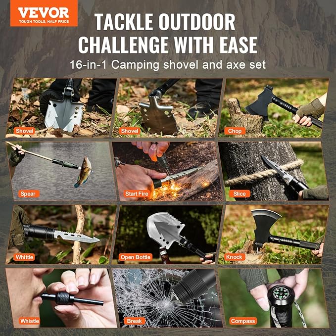VEVOR Survival Shovel Survival Axe -16-in-1 Camping Folding Shovels with Hatchet - Stainless Steel Tactical Shovel Hatchet Combo - Multifunctional Emergency Survival Gear Equipment for Camping Hiking