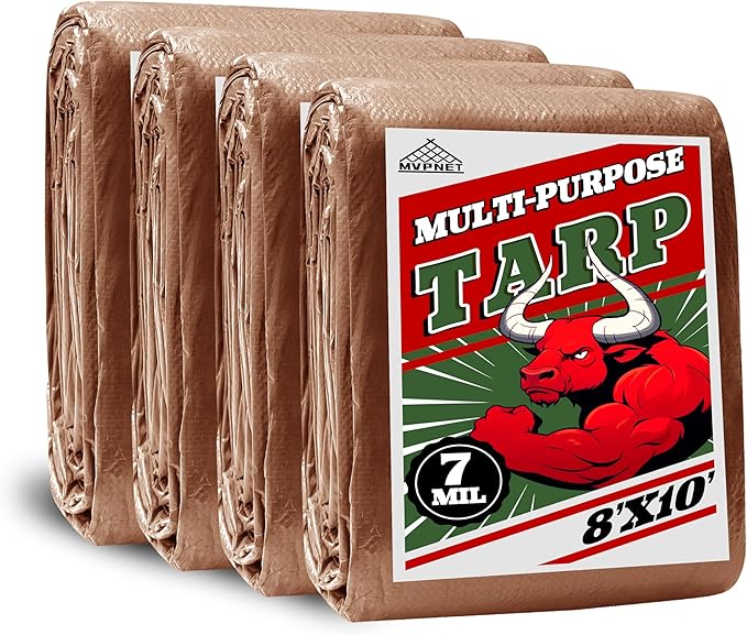 Tarp 8x10 ft (4-Pack) 100% Waterproof 7mil Durable Grommets and Reinforced Edges,Uv Resistant,Green/Brown Tarp,Emergency Rain Shelter,Outdoor Cover and Camping Use -by MVPNET