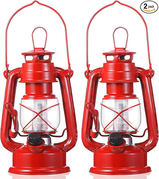 Hortsun 2 Pcs 8 Inch Vintage LED Hurricane Lantern Metal Red Outdoor Battery Operated Hanging Lantern with Warm LEDs and Dimmer Switch for Indoor Rustic Farmhouse Country Camping Decor