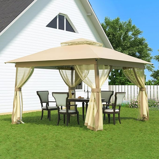Auraway Instant Pop-Up Gazebo with Mosquito Net and Waterproof Double Roof - for Camping, Beach, Backyard; Easy Setup; Sun Shade with UV Protection (Chocolate) (13X13) (Light Beige, 11 * 11)