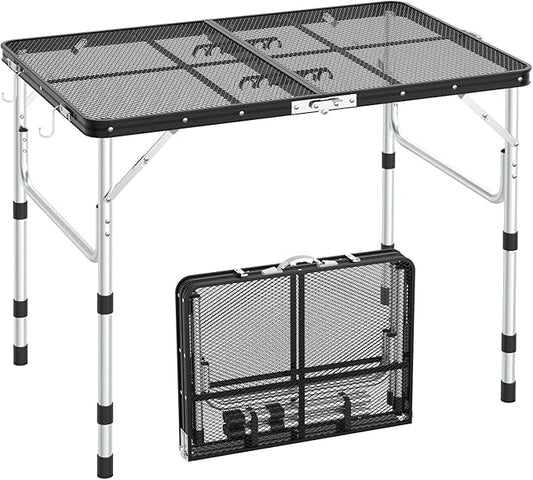 Sportneer Folding Table, 3 Heights Camping Table with 2 Hooks, Lightweight & Compact Aluminum Portable Grill Table for BBQ, RV, Picnic, Outdoor, Camping, Cooking, 35.4'' L x23.6'' W Large Size
