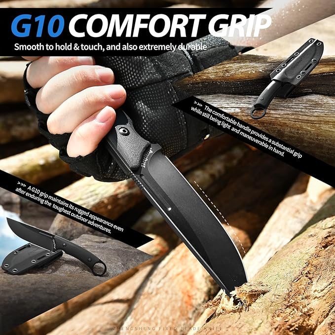 Fixed Blade Knife with Sheath, 4.0” DC53 Steel blade with Black Titanium Coating and G10 Handle Full Tang Outdoor Camping Hiking Survival Knives for Men Women