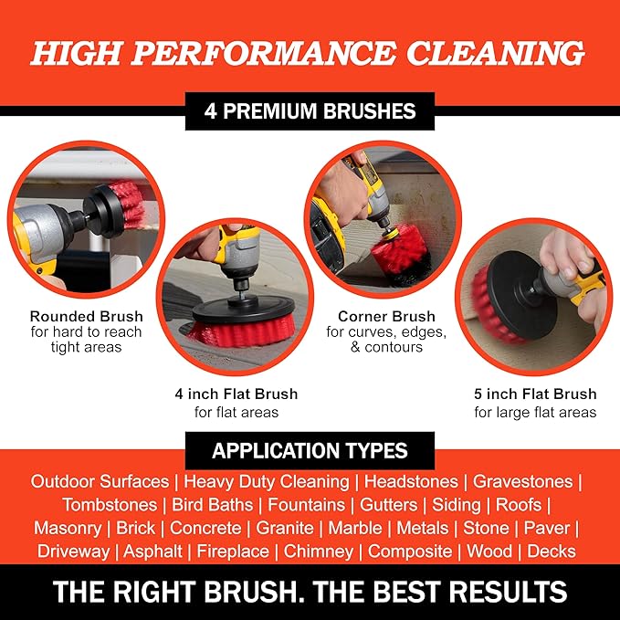 Drillbrush Heavy Duty Stiff Bristle 4 Piece Brush Kit for Cordless Drill – Power Scrubber Attachments Ideal for Cleaning Outdoor Surfaces, Deck, Patio,Brick, Gutter, Chimney, Fireplace, Driveway