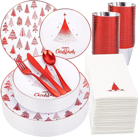 Nervure 175PCS Christmas Plastic Plates - White and Red Disposable Plates - Xmas Tree Plates Include 25Dinner Plate, 25Dessert Plate, 75Silverware, 25Cups, 25 Napkins for Christmas Party