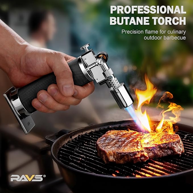 RAVS Butane Torch Lighter, Refillable Butane Kitchen Torch with Safety Lock and Adjustable Flame, Creme Brulee Torch for Baking, BBQ, Blow Torch for Cooking, Black, Butane Gas Not Included