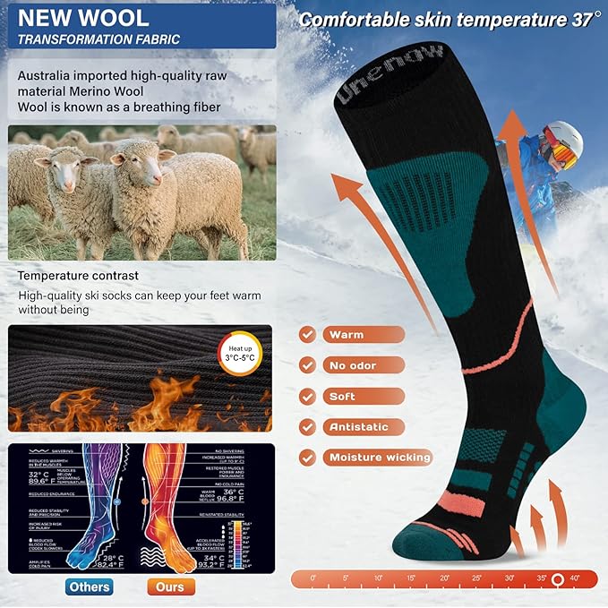 Merino Wool Ski Socks 2 Pairs, Thermal Knee High Warm Socks for Snowboarding, Hiking, Cold Weather, Snow, Hunting
