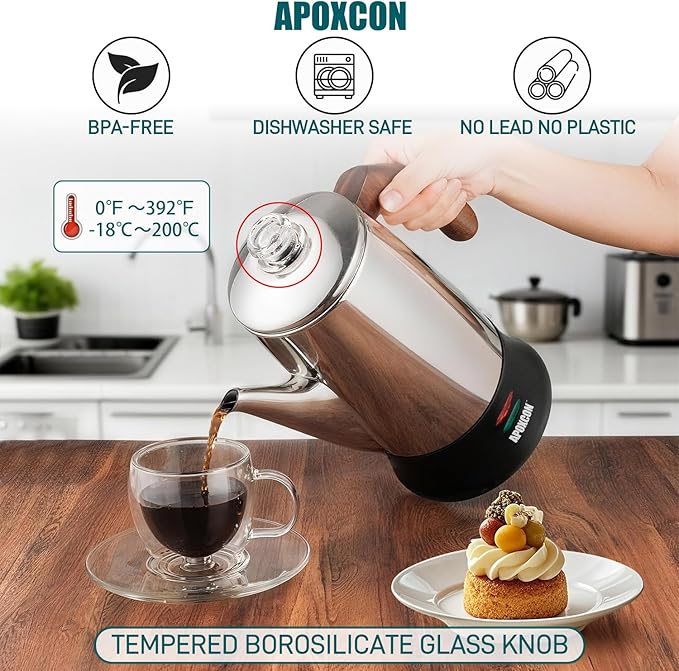 Electric Coffee Percolator Stainless Steel Coffee Maker with Two Heat Resistant Glass Knob & Treated Solid Wood Handle Keep Warm Cordless Serve Elegant Design Coffee Pot On/OFF Switch 8 Cup