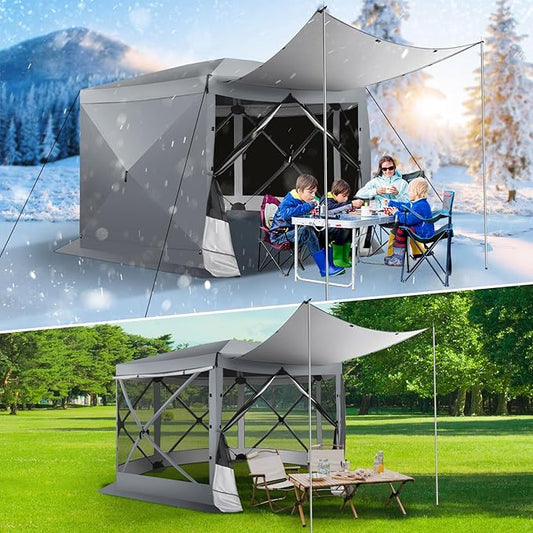 COBIZI 12x12 Pop up Gazebo Screen House Tent for Camping, Outdoor Canopy with Removable Roof&Sidewalls,Portable Hub Tent with Carrying Bag and Ground Stakes, Grey(Upgraded 2.0)