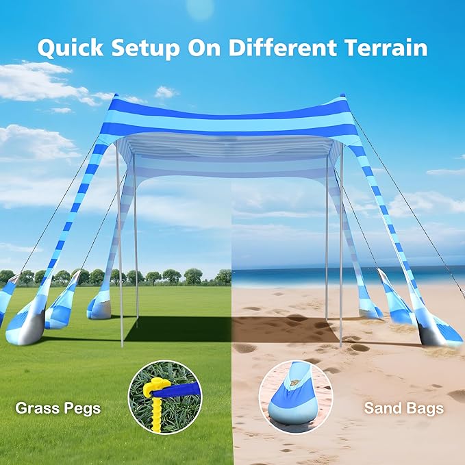 2PM SPORTS Beach Tent Canopy with UPF50+ UV Protection, Outdoor Large Beach Sun Shade Shelter for Family Picnic Camping Travel Shore Fishing, 8 Sandbags, Sand Shovel (Striped Blue, 8x8 FT)