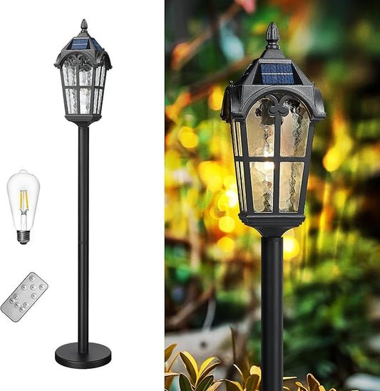 Emliviar Solar Pathway Light with Water Grain Glass Shade, 46 Inch Classic Post Lamp with Round Base in Black Finish, Portable Floor Lamp for Outdoor Travel, LED Bulb Included, YXE302PL-ML SL BK