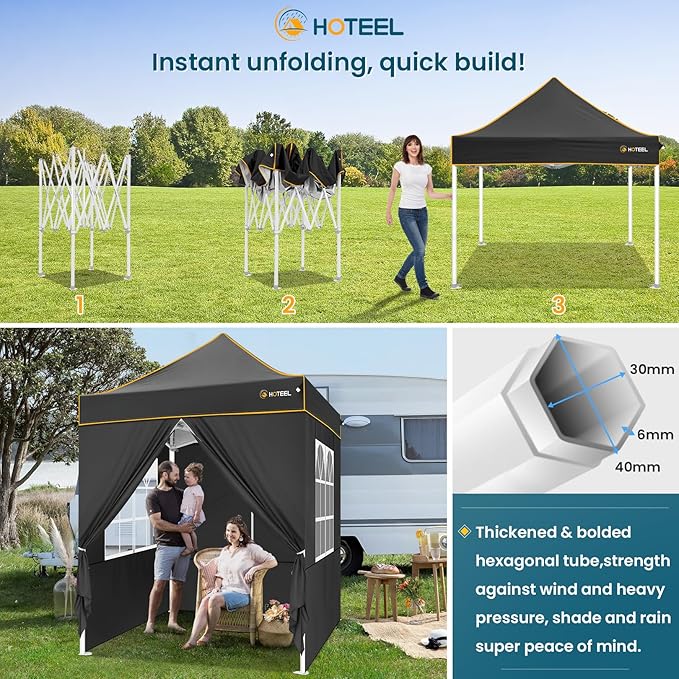 Hoteel 6.6 x 6.6 Pop up Canopy,Easy Up Heavy Duty Canopy with 4 Sidewalls,Upgrade Hexagonal Tube UPF50+ 1500mm Waterproof,Outdoor Canopy Tent with Carry Bag for Commercial Events,Beach,Camping,Black