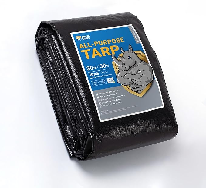 GUARD SHIELD Tarps Heavy Duty Waterproof 30x30 Feet Black Poly Tarp Cover Outdoor Thick UV Resistant Tarpaulin with Grommets 10mil