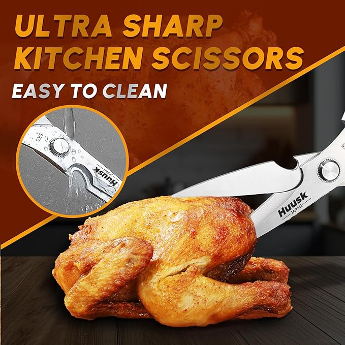 HUUSK Kitchen Scissors all Purpose - Stainless Steel Kitchen Shear, Sharp Silver Meat Scissors Dishwasher Safe, Heavy Duty Poultry Shears, Japanese Cooking Scissor for Food, Chicken Bones, and Turkey