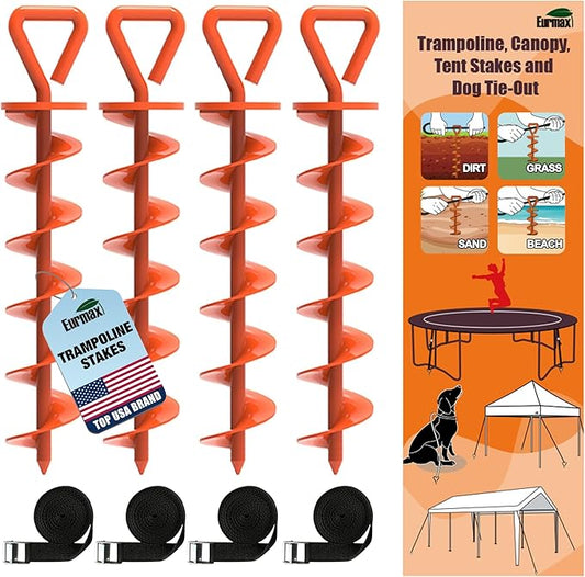 Eurmax USA Trampoline Stakes Heavy Duty Trampoline Parts Steel Stakes Anchor Kit for Trampolines Canopy Anchor Dog Tie Out Stakes -Set of 4 Bonus 4 Strong Belt(Orange)
