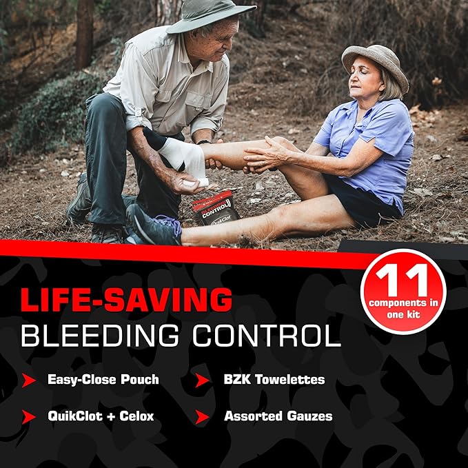 Bleeding Control Zip Pack with QuikClot, Celox, Gauze Pads, Triangular Bandage, BZK Wipes, Nitrile Gloves, Tape – Trauma First Aid Kit for Emergency Use