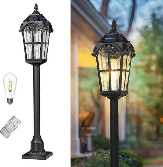 Emliviar Solar Pole Light with Pier Mount Base, Auto On/Off Walkway Lamp in Black Finish, Solar Pathway Light with Water Grain Glass Shade, LED Bulb Included, YXE302PL-SL BK