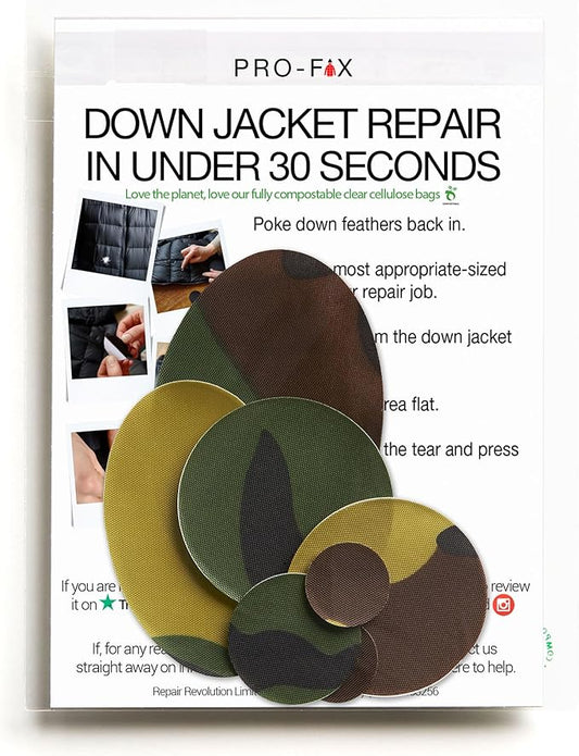 Self-Adhesive Waterproof Repair Patch Kit - 30-Second Fix for Down Jackets, Tents, Sleeping Bags, Backpacks, Outdoor and Camping Gear - Pre-Cut Nylon Ripstop Patches, Multiple Colors - Camo