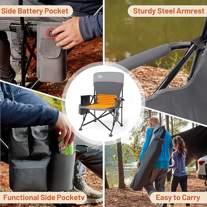 TIMBER RIDGE Oversized 2 Pack Heated Camping Chair for Outdoor Sports, High Back Padded Lawn Chair for Adults Support Up to 500lbs with Cup Holder, Side Pocket(Power Bank not Included)