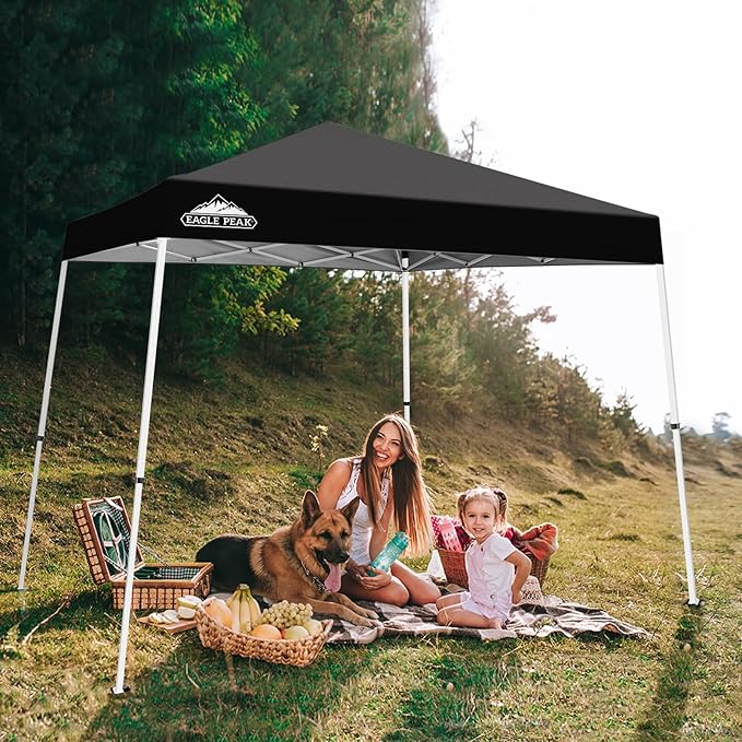 EAGLE PEAK 10x10 Slant Leg Pop-up Canopy Tent Easy One Person Setup Instant Outdoor Beach Canopy Folding Portable Sports Shelter 10x10 Base 8x8 Top (Black)