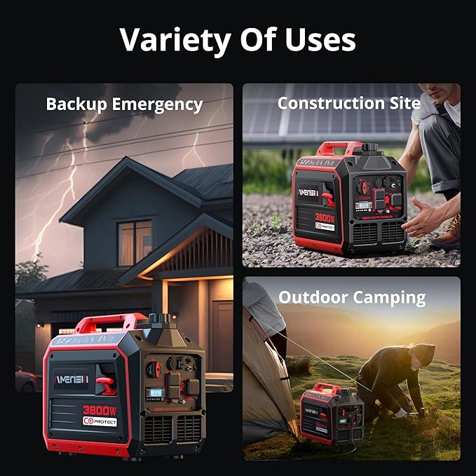 3800W Portable Inverter Generator for Home Use, Gas Powered Generator Super Quiet with CO Sensor ECO Mode EPA Compliant, Parallel Capable Long Run Time for Camping Tailgating Emergency Use