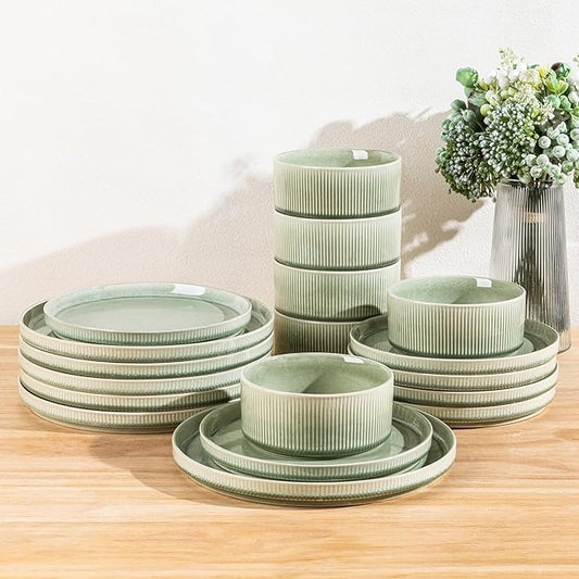 GBHOME Stoneware Dinnerware Sets for 4,Round Reactive Glaze Ceramic Plates and Bowls Set,Highly Scratch Resistant| Dishwasher & Microwave Safe Dishes Set,Service for 4(12Pcs)，Olive Green