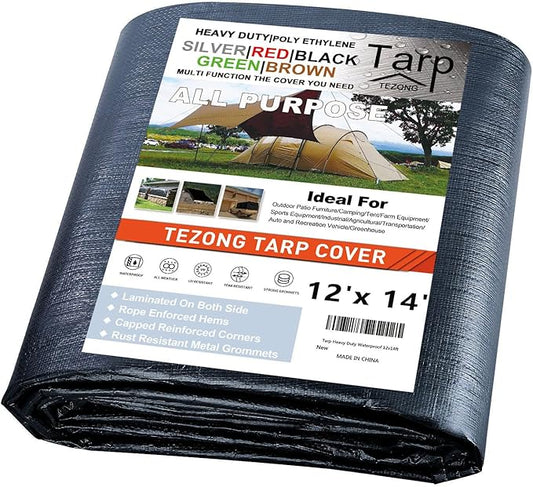 TEZONG Tarps Heavy Duty Waterproof 12x14ft,Black Plastic Tarps Large Multipurpose Outdoor Tarp Cover Thick Poly Tarpaulin 12MIL for Emergency Rain or Sun, Roof, Patio Furniture, Firewood, Canopy