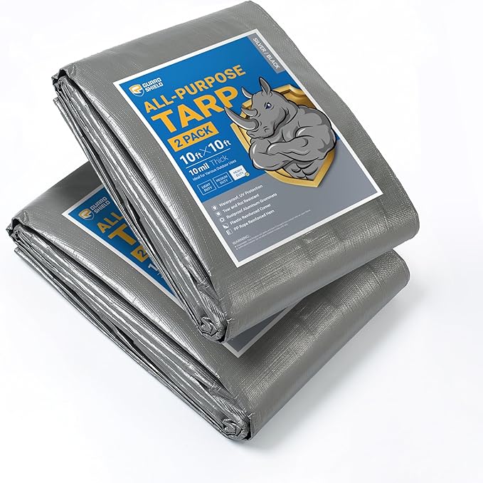 GUARD SHIELD Tarps Heavy Duty Waterproof 10x10 Feet Silver/Black Poly Tarp Cover Square Outdoor Thick UV Resistant Tarpaulin with Grommets 10mil (2-Pack)