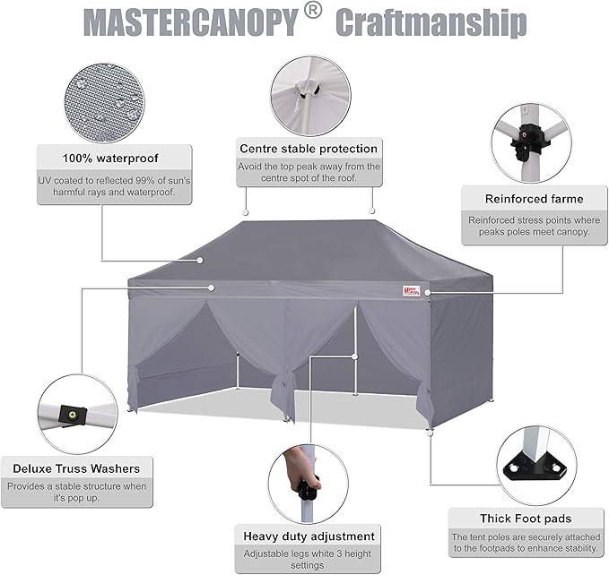 MASTERCANOPY Heavy Duty Pop-up Canopy Tent with Sidewalls (10x20,Gray)