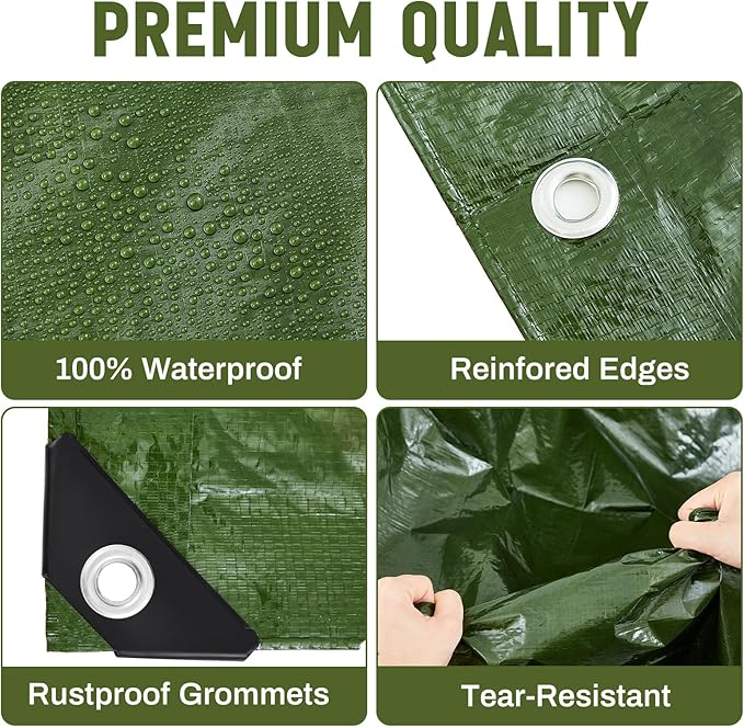 8 Pack 4 x 6 ft 5.5 Mil Small Tarps Heavy Duty Waterproof Tarp Multi Purpose Tent Cover for Home Boats Cars Camping Patio Furniture Roof Emergency Rain Protective Cover, Army Green