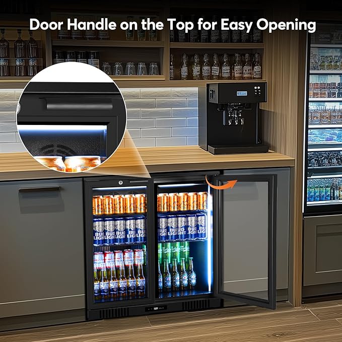 Back Bar Cooler Undercounter Beverage Refrigerator with Glass Door, Commercial Display Fridge for Beer Drink Soda with Temperature Control, 7.2Cu. Ft. Large Capacity, Black