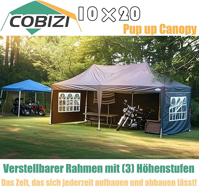 COBIZI 10x20 Pop Up Canopy Tent with Sidewalls,Party Tent Outdoor Gazebos, Waterproof & UV50+,3 Adjustable Heights,Higher Frame Design - Extra Tall for Parties Backyard,Weddings,Markets,Black