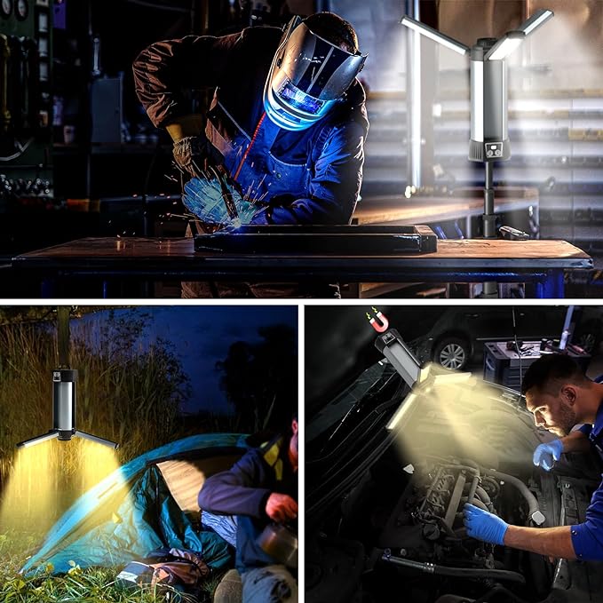 Rechargeable LED Work Light with Stand - Cordless Work Lights Kit 3 Page Head,500/1000/2000 Lumen 3500/6500K Dimmable 6AH Camping Light with Detachable Tripod,Hooks and Carrying Bag