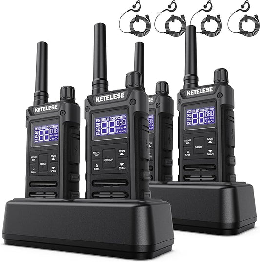 T3G IP67 Waterproof Walkie Talkies Rechargeable, Heavy Duty 2 Way Radios with Earpiece and Mic, Dock, USB, NOAA Weather Alert, Group PTT (4 Pack), Black/Grey