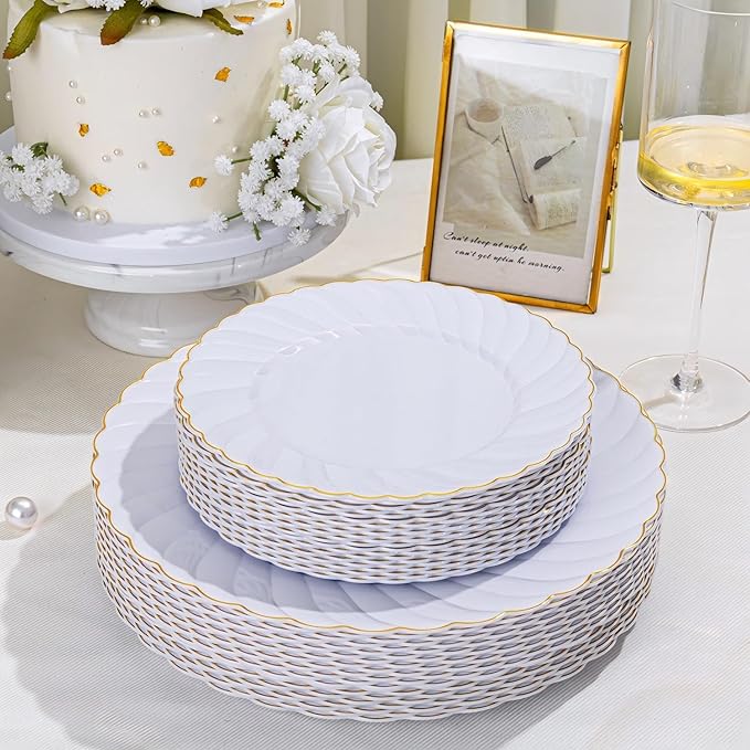 U-QE 60 Pcs White Plastic Plates with Gold Trim – Scalloped Plastic Plates Heavy Duty - Include 30 10.25" Dinner & 30 7.25" Dessert Plate – Perfect for Weddings, Bridal Showers and Party