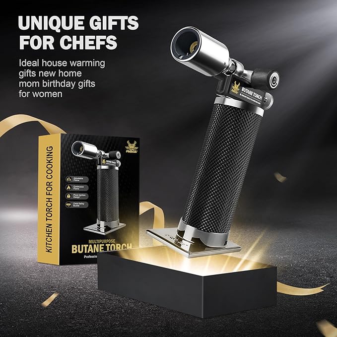 RAVS Butane Torch Lighter, Refillable Butane Kitchen Torch with Safety Lock and Adjustable Flame, Creme Brulee Torch for Baking, BBQ, Blow Torch for Cooking, Black, Butane Gas Not Included