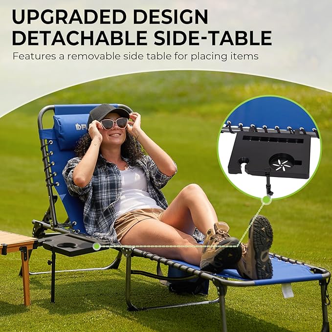 FUNDANGO Folding Chaise Lounge Chair Outdoor, 5 Positions Foldable Beach Lounges Chairs for Adults with Side Table & Pillow for Outside Tanning Pool Camping Patio Lawn (Blue)