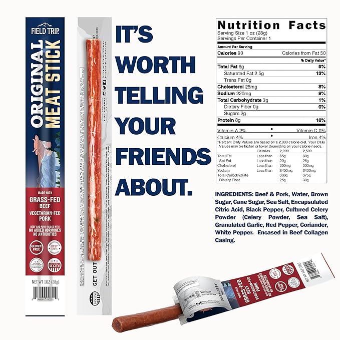 Field Trip Grass Fed Original Jerky Snack Sticks, Keto, Paleo, Gluten Free, Allergy Friendly Snack, High Protein, 90 Calorie Snack, 1oz, 10 Pack