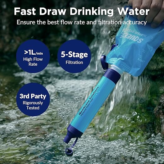 Membrane Solutions Squeezable Water Filtration System, Survival Water Purifier Kit, Portable Backpacking Gear Including Water Filter Straw and 23oz Collapsible Bottle for Hiking Camping Travel(1+4)