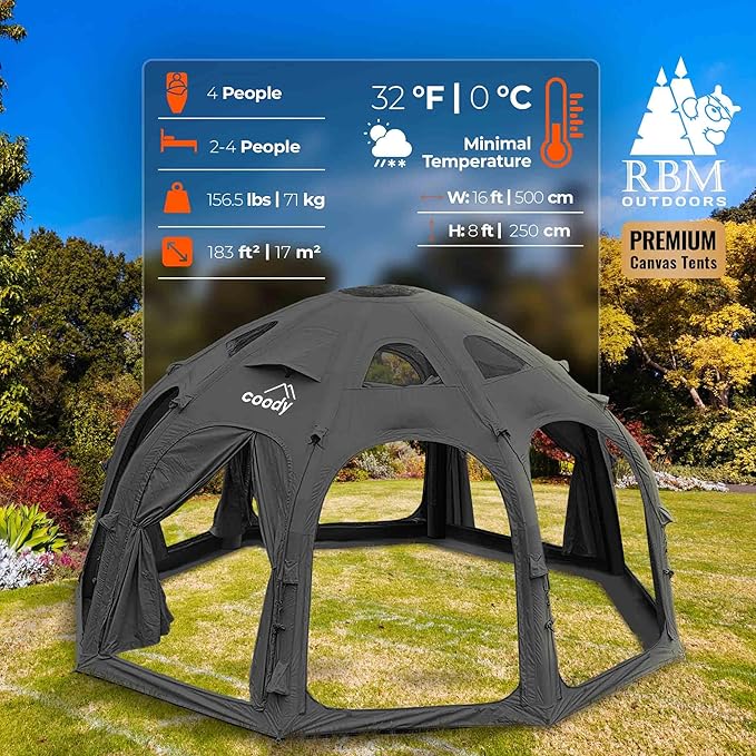 Coody | Rbm Outdoors Koala/Hub/Octopus Inflatable Tents for Camping with Stove Jack, 2/8/10 Person Luxury Canvas Blow Up Tent, 2 Room, Easy Setup Casa de Campaña, Large Inflatable House with Pump
