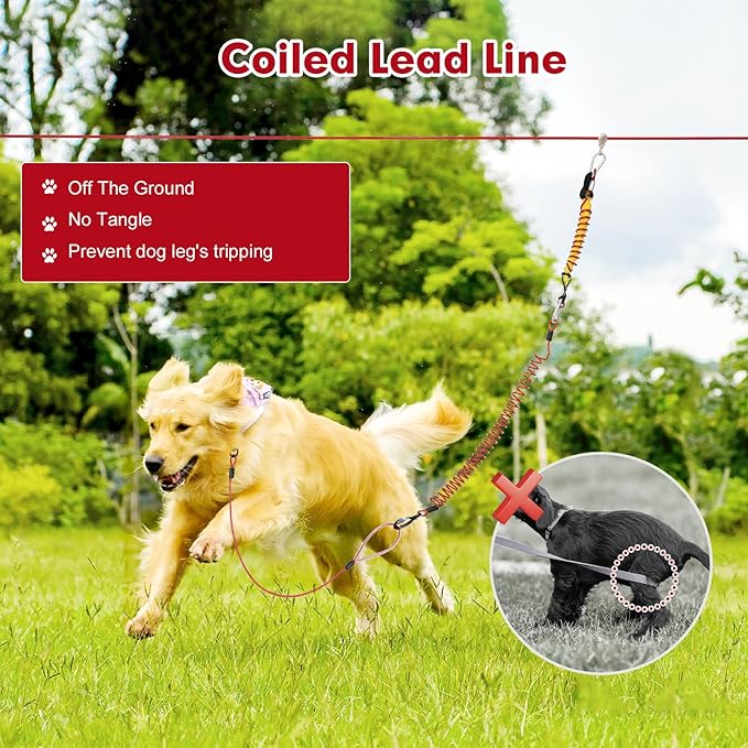 Dog Runner for Yard,Anti-Shock Dog Trolley System 50/75/100/150/200FT,Heavy-Duty Aerial Dog Run Cable with Bungee for Small to Large Dogs up to 300lbs,Outside Dog Zip line for Backyard,Camping, Park