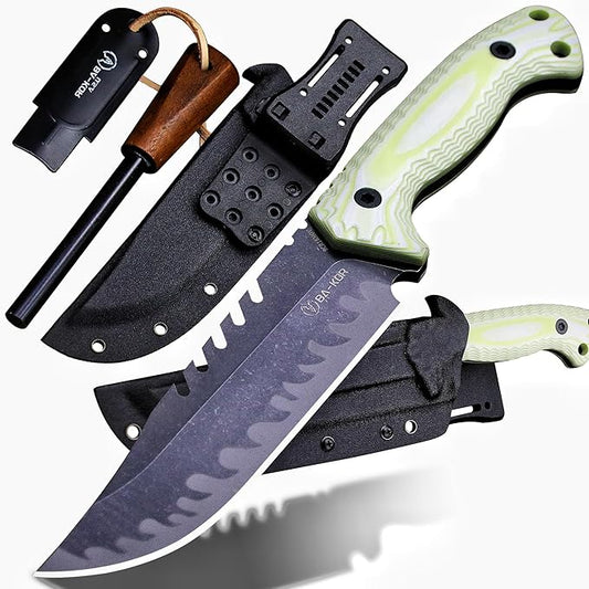 BA-KOR 12.4in Full Tang Fixed Blade Hunting Knife – 6mm 9CR18MoV Steel, G10 Handle, Stonewashed Sawback Blade with Kydex Sheath & Fire Starter for Outdoor, Camping, Survival (White with light green stripes)