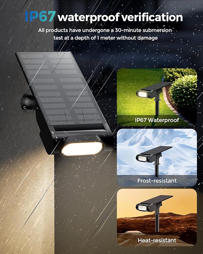 Solar Spot Lights Outdoor, 12 RGB Color Modes Landscape Light Waterproof IP67 with Remote Control, 2-in-1 Color Changing RGB/Cool/Warm White Solar Lights Outdoor for Yard Garden Pool 4 Pack