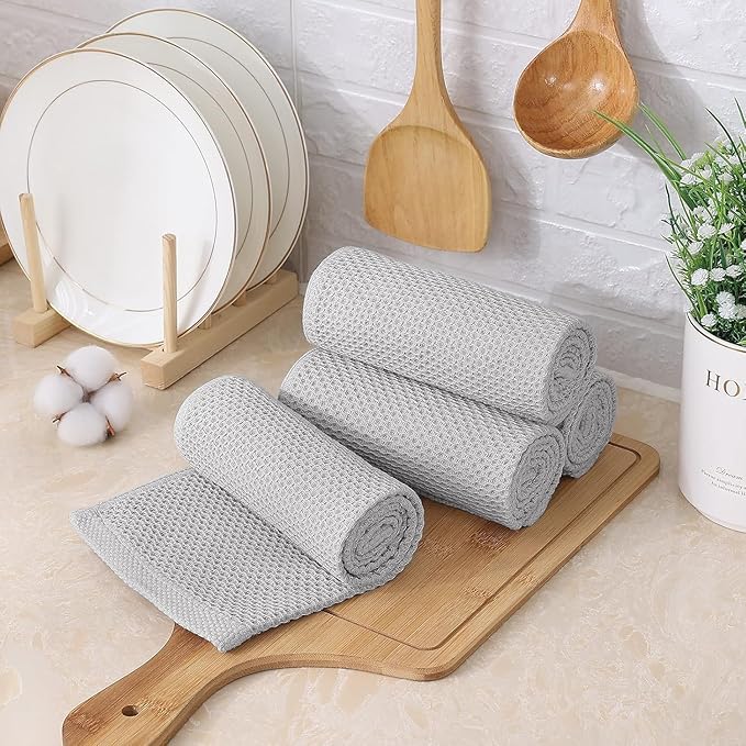 Kitinjoy 100% Cotton Kitchen Towels and Dishcloths Set, 8 Pack-13" x 28" and 12" x 12" Waffle Weave Dish Towels, Ultra Soft Absorbent Quick Drying Dish Rags, Light Grey