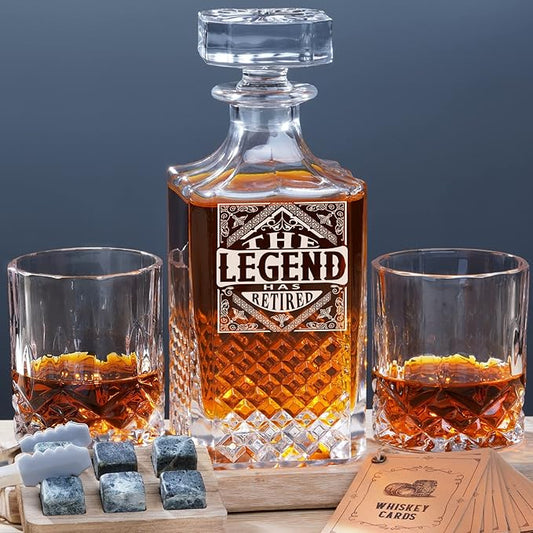 PONPUR The Legend Has Retired 2025 Retirement Gifts for Men Women Stocking Stuffers, Whiskey Decanter Gift Set with 2 Whisky Glasses, Best Christmas Birthday Presents for Dad Coworkers Teacher