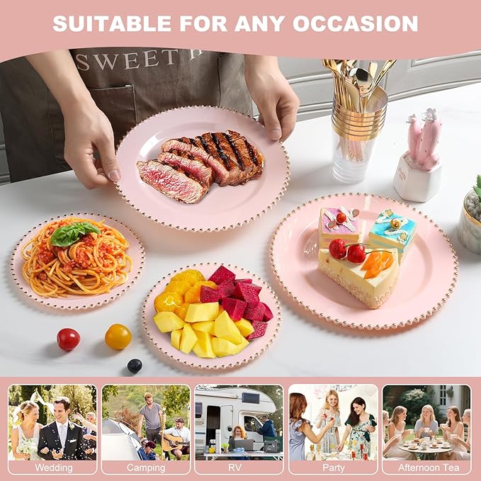 EI 60pcs Pink Plastic Plates with Gold Rim,Pink Party Plates Disposable,Heavy Duty Dinner/Dessert Fancy Elegant Plate for Wedding,Birthday,Afternoon Tea