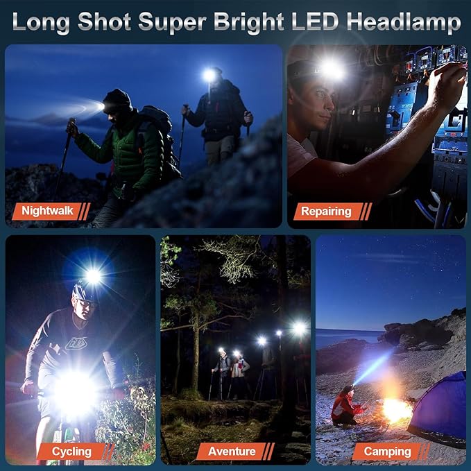 Rechargeable Headlamp 2 Set, LED Head Lamps Battery Powered, Super Bright High Lumen with 3+4 Modes Waterproof Zoomable Head lamp, 135° Adjustable for Outdoor Exploring Cycling, Fishing (2Pack)