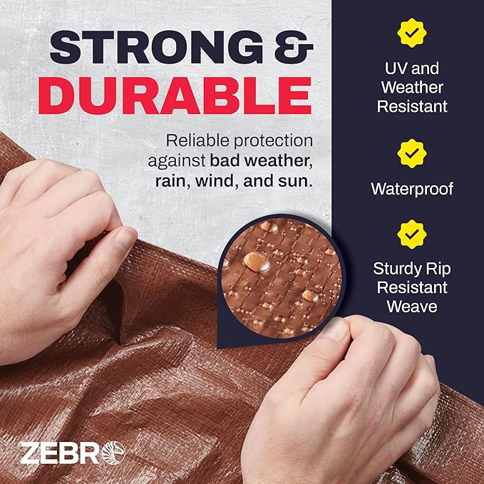 10' x 20' Brown Tarp with Grommets Reinforced - 5 Mil Thick - Durable UV Resistant Plastic Tarps Waterproof - Large Tarpaulin Cover for Outdoor Camping Over/Under Tent Tarp RV Roof Rain - Zebro