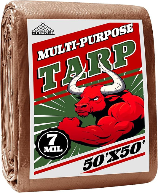 Tarp 50x50 ft 100% Waterproof 7mil Durable Grommets and Reinforced Edges,Uv Resistant,Green/Brown Tarp,Emergency Rain Shelter,Outdoor Cover and Camping Use -by MVPNET